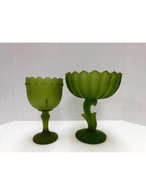 Set of 2 Green Satin Indiana Glass Pedestal Candy Dishes DW349